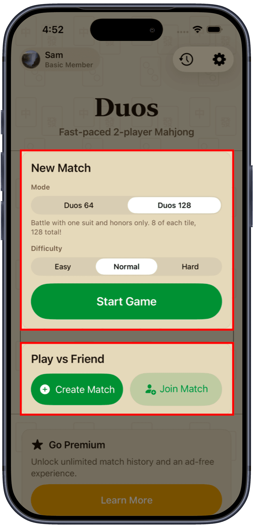 Duos new match screen with AI difficulty choices